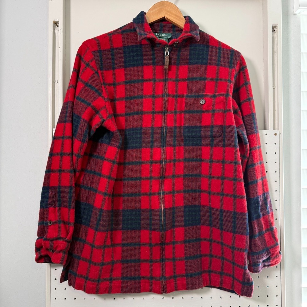 Lauren Ralph Lauren Lambswool Coat Jacket Womens Red Plaid Flannel Zip - Medium